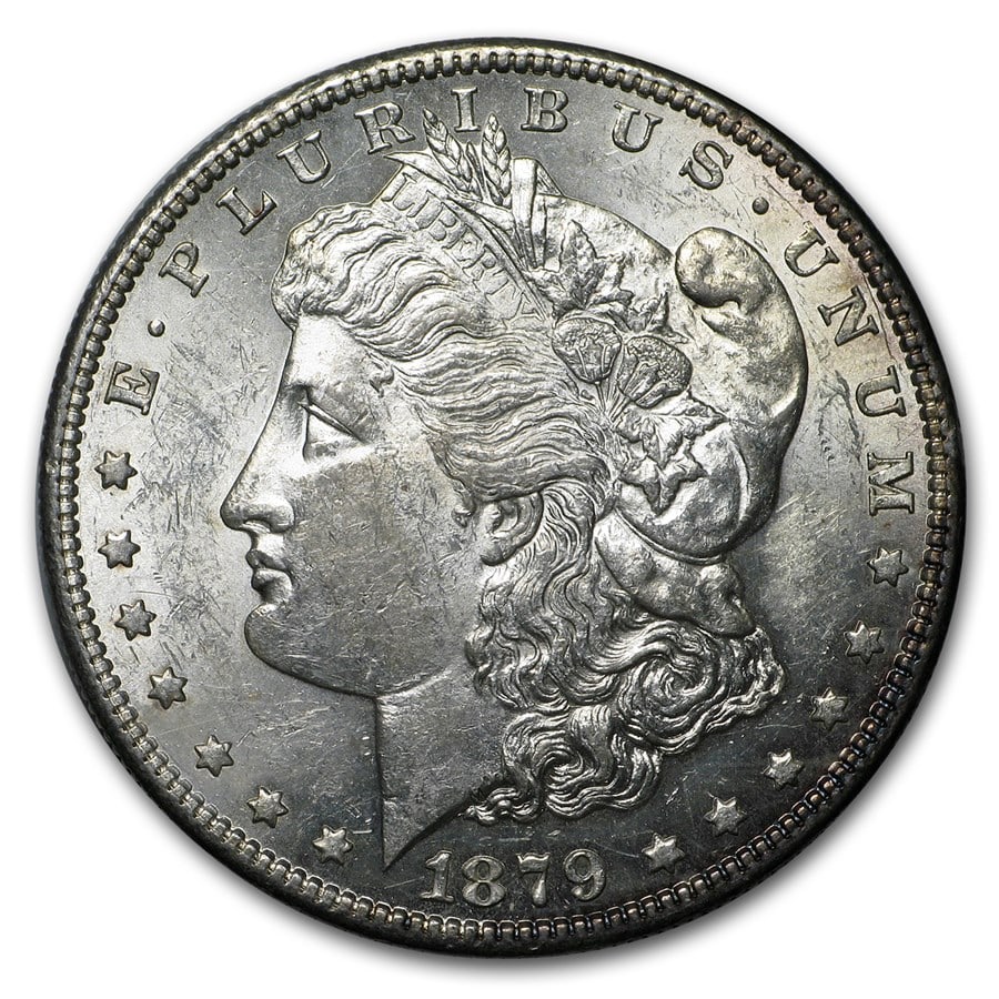 Morgan Silver Dollar Almost Uncirculated 1879-S rev-78: 1879-S Reverse of ’78 Morgan Silver Dollar struck at the renowned San Francisco Mint — a coveted transitional variety featuring the earlier 1878 reverse with the distinctive flat-breasted eagle, m