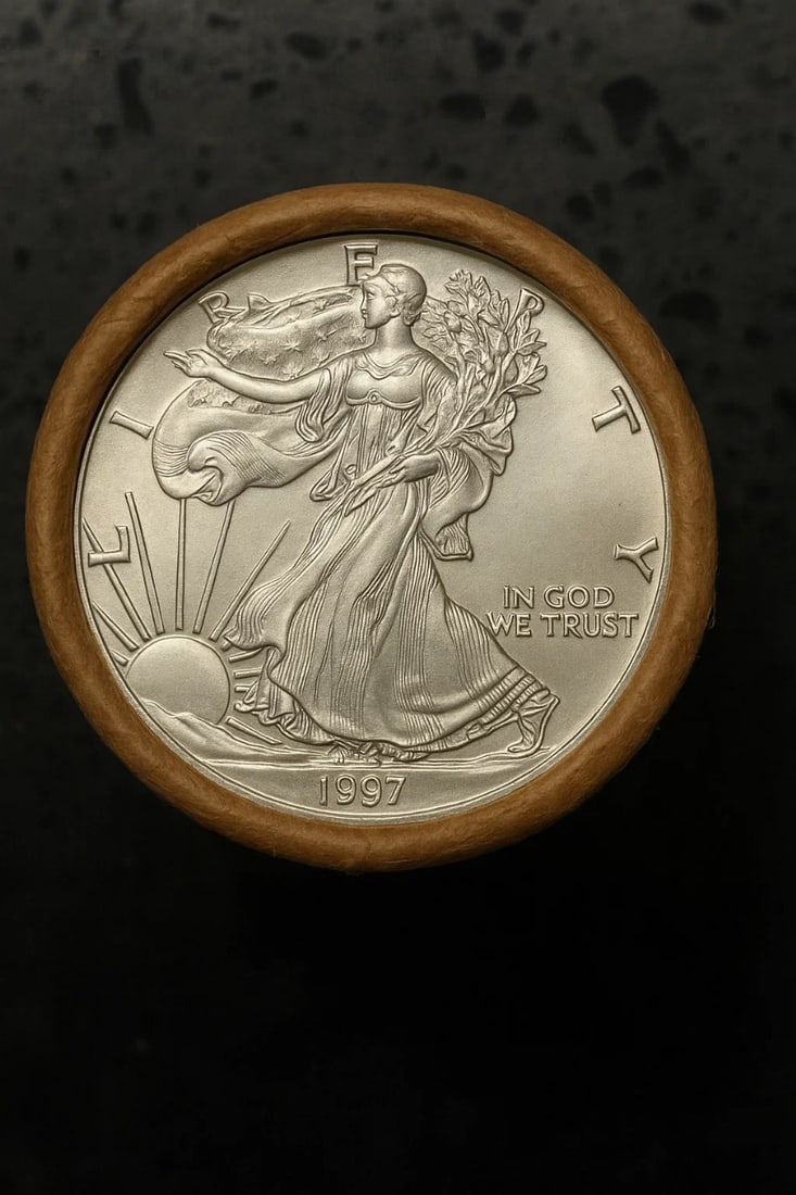 BU $20 1997 & 1997 1 oz Silver American Eagle Roll: This original Brilliant Uncirculated (BU) sealed roll contains 20 American Silver Eagle coins, each struck in 1 troy ounce of .999 fine silver. The roll features a 1997 coin on one end and a 1997 coin