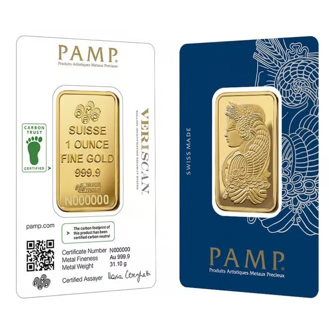 1 oz Gold Bar PAMP Suisse Lady Fortuna Veriscan Carbon Neutral: This 1 oz PAMP Suisse Lady Fortuna Gold Bar is struck from .9999 fine gold and features the iconic Lady Fortuna design. It includes Veriscan technology for digital authentication and security.