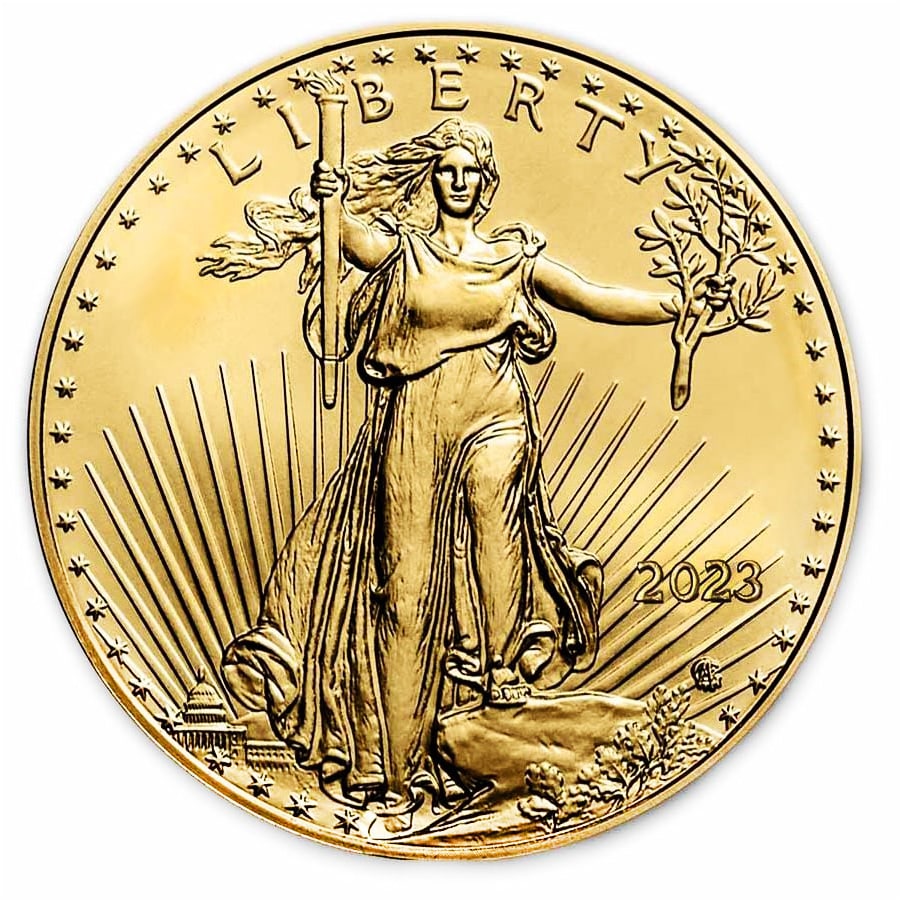 2023 American Gold Eagle 1/2 oz Uncirculated: 2023 American Gold Eagle 1/2 oz ($25 Face Value), struck by the esteemed United States Mint and backed by the U.S. government for weight and purity. Minted in durable 22-karat crown gold (.9167 fine),