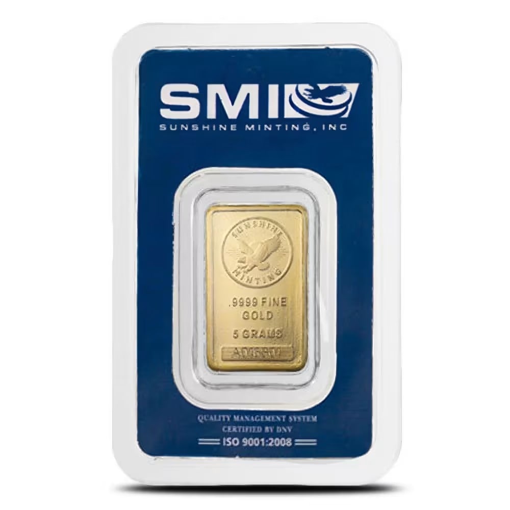 5 Gram Sunshine Gold Bar (New w/ Assay, MintMark SI): The Sunshine Minting 5 Gram Gold Bar is struck from .9999 fine gold and sealed in tamper-evident assay packaging featuring the advanced MintMark SI security feature. Combining innovative anti-counterf