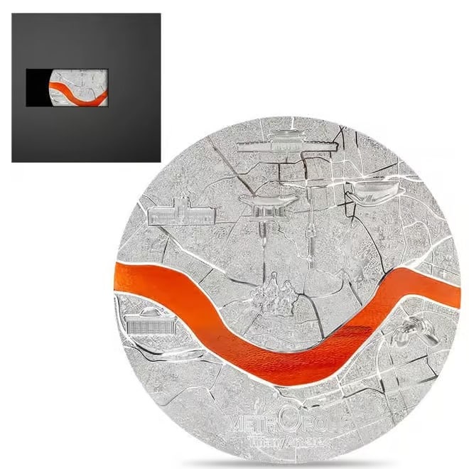 2024 Palau 1 Kilo Proof Silver Tiffany Art Metropolis Seoul Coin: The 2024 Palau 1 Kilo Tiffany Art Metropolis Seoul Coin is a rare .9999 fine silver masterpiece featuring an intricate 120mm map of the South Korean capital accented by vibrant orange Tiffany glass. W