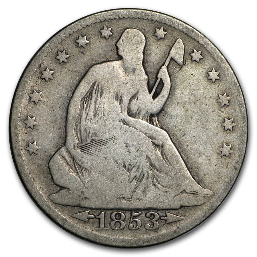 Seated Liberty Half Dollar Good 1853 Arrows & Rays: The Seated Liberty Half Dollar 1853 Arrows & Rays in Good condition features the short-lived weight-adjustment design with distinctive arrows and rays. Struck in 90% silver, this one-year subtype hold