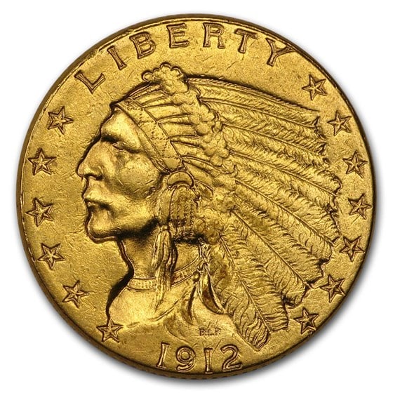 US $2.5 Indian Gold Coins Almost Uncirculated 1912: The 1912 US $2.5 Indian Gold Coin is a remarkable numismatic artifact that epitomizes the intersection of artistic innovation and historical significance in early 20th-century American coinage. Part o