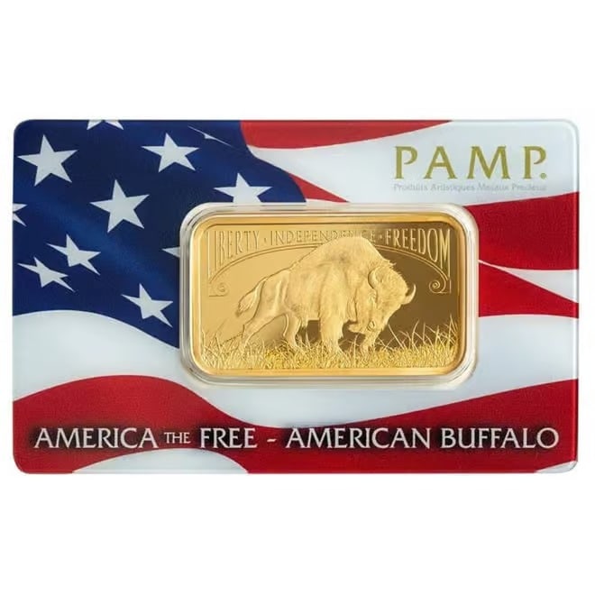 1 oz PAMP Suisse American Buffalo Gold Bar (in Assay): The 1 oz PAMP Suisse American Buffalo Gold Bar features a detailed design inspired by classic American imagery. Struck from .9999 fine gold, it reflects PAMP Suisses world-renowned craftsmanship. Each