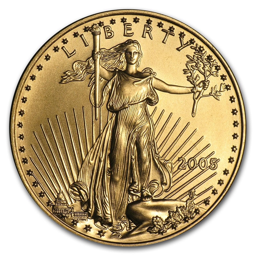 2005 American Gold Eagle 1/2 oz Uncirculated: 2005 American Gold Eagle 1/2 oz ($25 Face Value), struck by the esteemed United States Mint and backed by the U.S. government for weight and purity. Minted in durable 22-karat crown gold (.9167 fine),