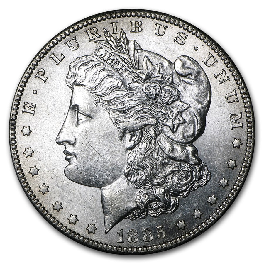 Morgan Silver Dollar Almost Uncirculated 1885-S: 1885-S Morgan Silver Dollar struck at the esteemed San Francisco Mint a classic 90% silver issue (26.73g, 38.1mm) showcasing Libertys iconic portrait and the proud S mintmark beneath the eagle. Offere