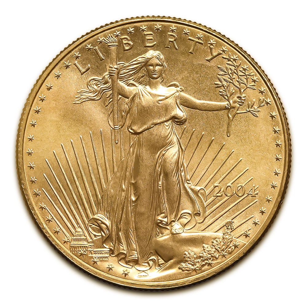 2004 American Gold Eagle 1/2 oz Uncirculated: 2004 American Gold Eagle 1/2 oz ($25 Face Value), struck by the esteemed United States Mint and backed by the U.S. government for weight and purity. Minted in durable 22-karat crown gold (.9167 fine),