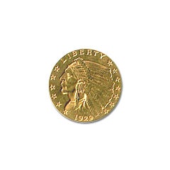 Early Gold Bullion $2.5 Indian Jewelry Grade: Early Gold Bullion $2.5 Indian Jewelry-grade Indian Head Quarter Eagle, 90% gold, featuring a Native American portrait on the obverse and a soaring eagle on the reverse; historic 1908 1929 issue, priz