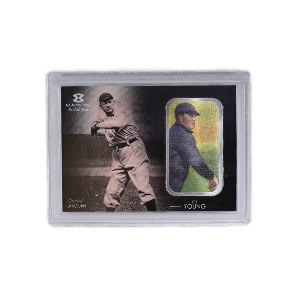 1oz Silver Bar T-206 Cy Young Baseball Greats Series #2: The 1oz Silver Bar T-206 Cy Young Baseball Greats Series #2 is a stunning tribute to the winningest pitcher in Major League history, featuring the likeness of the legendary "Cy" Young. Struck in .999