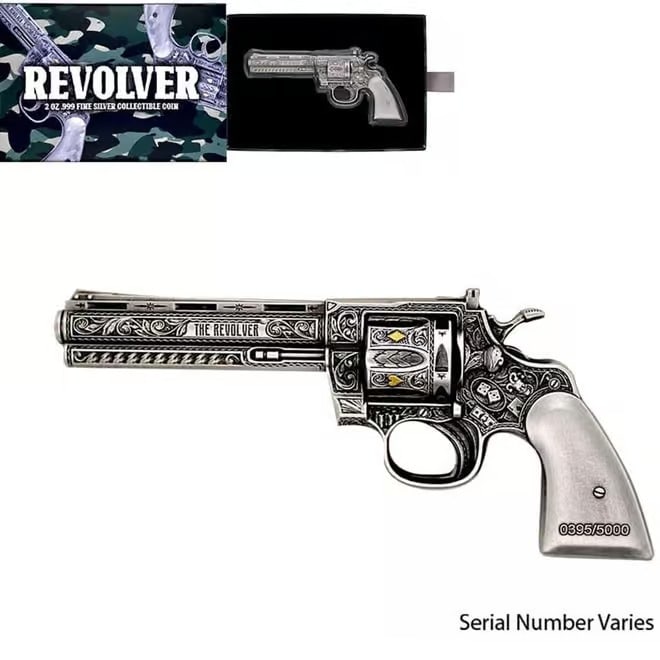 2023 Chad 2 oz Silver Revolver Gun Shaped Antiqued High Relief Coin .999 Fine (w/Box): Make a powerful statement in your collection with the 2023 Chad 2 oz Silver Revolver Gun Shaped Antiqued High Relief Coin .999 Fine (w/Box). Struck from 2 troy ounces of .999 fine silver, this high-re