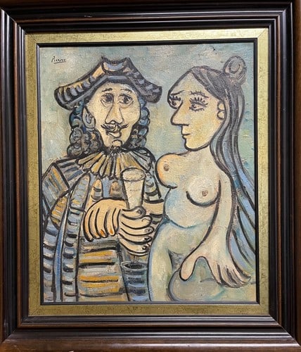 Picasso / Untitled / The Contract: This 1950s oil painting on canvas is inspired by Picasso?s ?Untitled / The Contract.? The scene depicts a musketeer with a nude woman, painted in a style influenced by Picasso?s bold and expressive te
