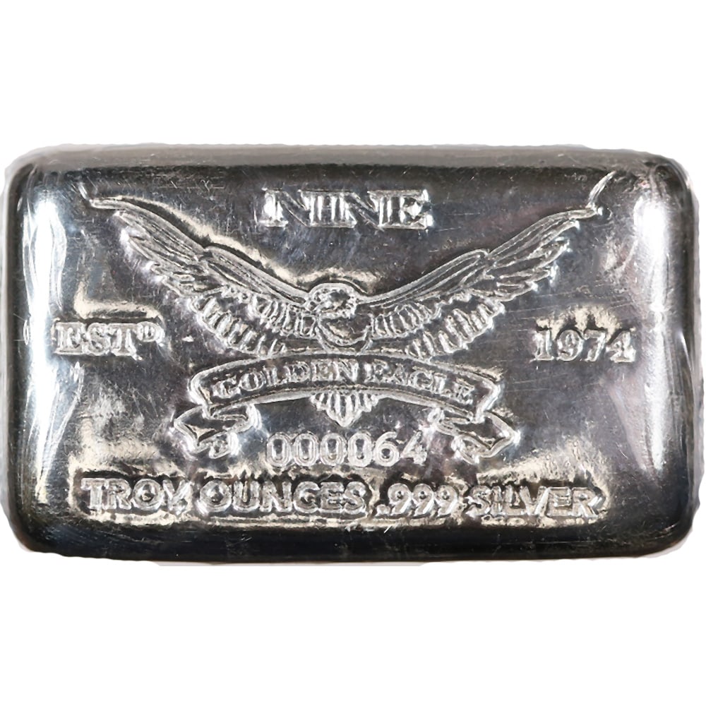 Golden Eagle 9 oz Silver Bar .999: Golden Eagle 9 oz Silver Bar .999 is a striking bullion piece that combines substantial silver content, exceptional purity, and iconic American symbolism. Its uncommon 9-ounce weight makes it a unique