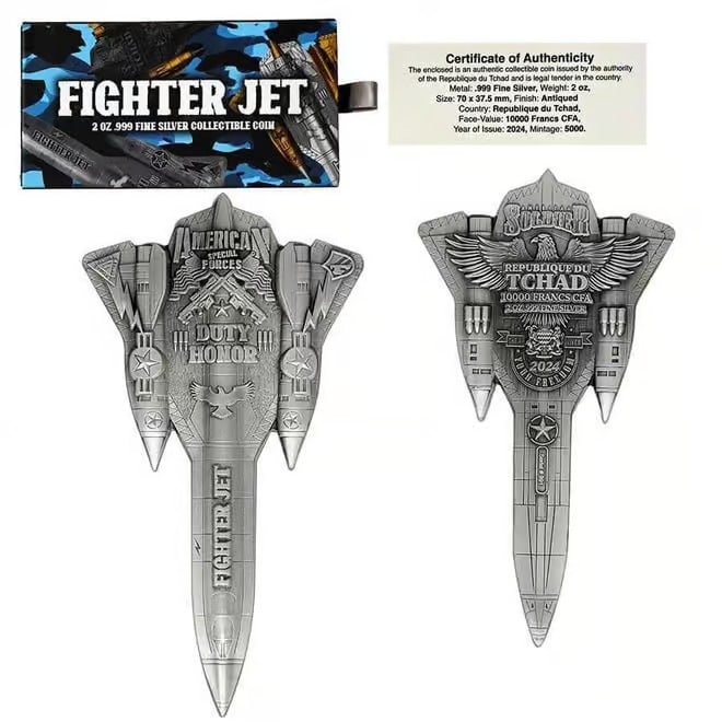 2024 Chad 2 oz Silver Fighter Jet Antiqued Shaped Coin .999 Fine: 2024 Chad 2 oz Silver Fighter Jet Antiqued Shaped Coin 2 oz .999 fine silver High Relief, shaped coin from the Bullion Exchanges Weapons of War Series featuring a detailed fighter jet design.