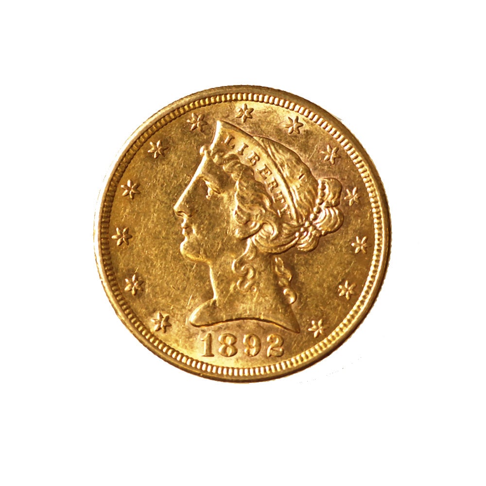 $5 Gold Liberty 1892-S AU: The 1892-S $5 Gold Liberty, also known as the Liberty Head half eagle, is a distinguished example of American numismatic history. Minted at the San Francisco Mint, this coin is part of the iconic Libe
