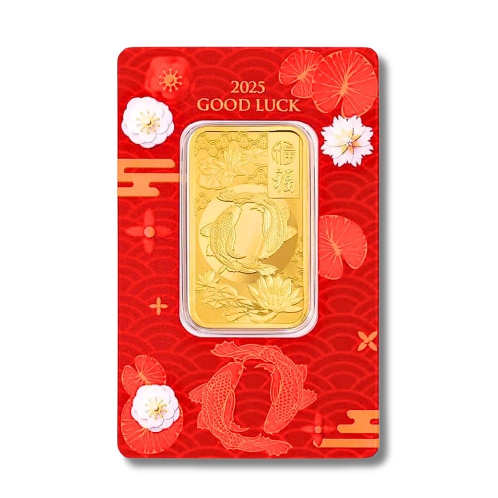Pamp Suisse 1oz Gold Bar 2025 Good Luck Koi Fish: Struck from 1 oz of .9999 fine gold, this 2025 edition features an elegant Koi Fish design symbolizing prosperity and good fortune. Produced by PAMP Suisse, it blends cultural meaning with bullion qua