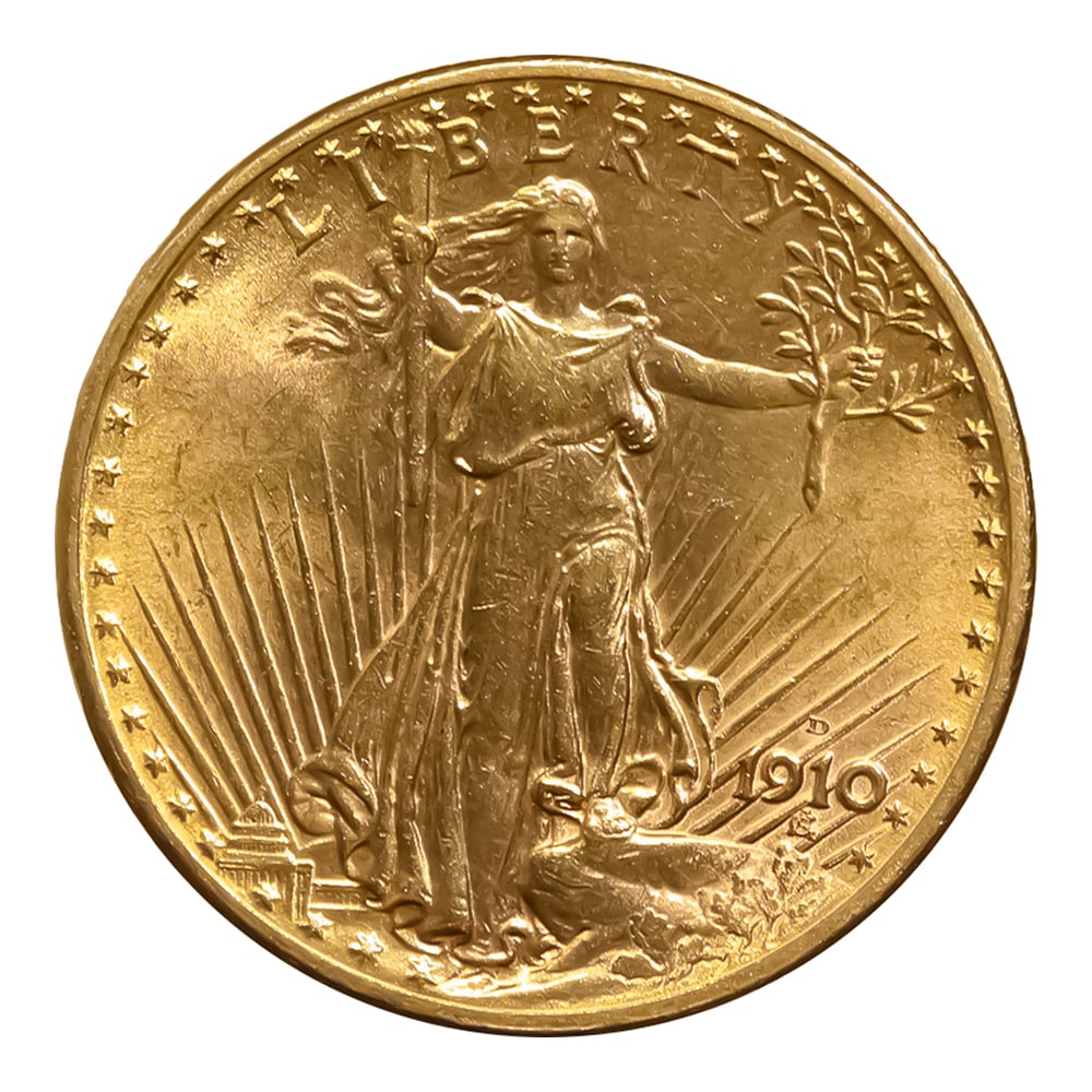 $20 Gold Saint Gaudens 1910-D AU: The Saint-Gaudens Double Eagle 1910-D in Almost Uncirculated condition exhibits strong remaining mint luster with light wear on the high points and crisp overall detail. Struck in .900 fine gold at th