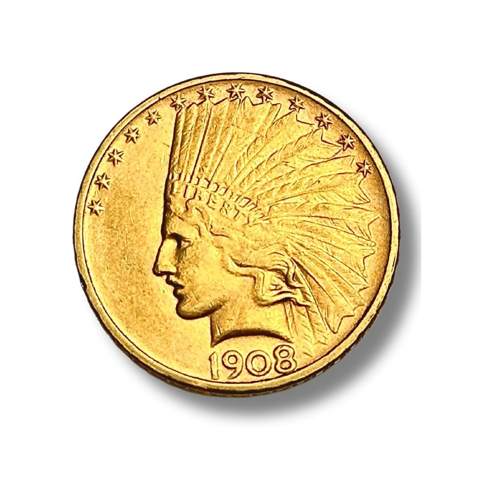$10 Gold Indian 1908-D No Motto AU: The Indian Head Eagle 1908-D No Motto in Almost Uncirculated condition retains strong original luster with light wear on the highest design points and crisp overall detail. Struck in .900 fine gold at