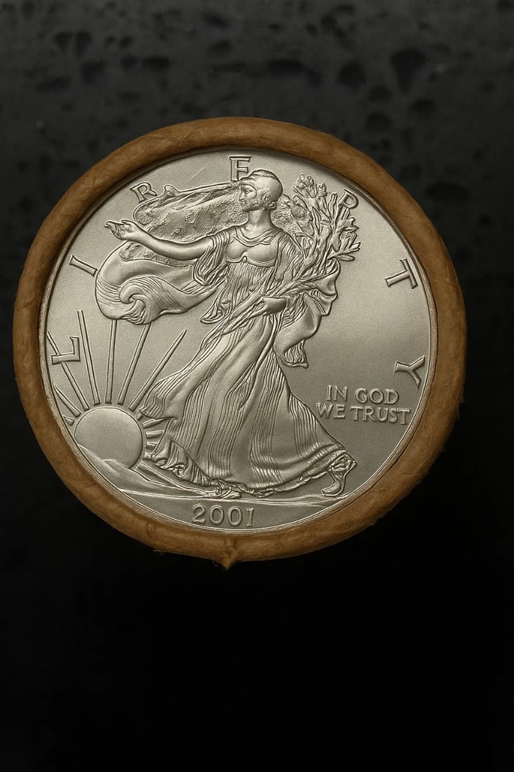 BU $20 2001 & 2001 1 oz Silver American Eagle Roll: This original Brilliant Uncirculated (BU) sealed roll contains 20 American Silver Eagle coins, each struck in 1 troy ounce of .999 fine silver. The roll features a 2001 coin on one end and a 2001 coin