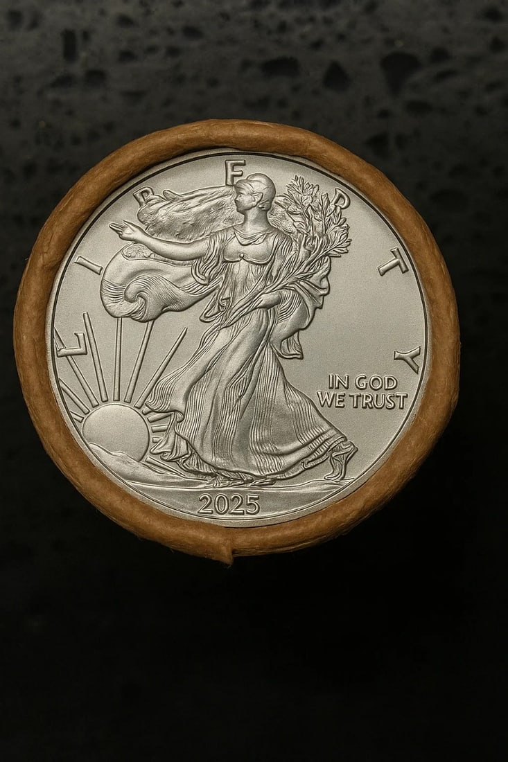 BU $10 2025 & 2025 End 1 oz Silver American Eagle ROLL Roll: This original Brilliant Uncirculated (BU) sealed roll contains 10 American Silver Eagle coins, each struck in 1 troy ounce of .999 fine silver. The roll features a 1997 coin on one end and a 1997 coin