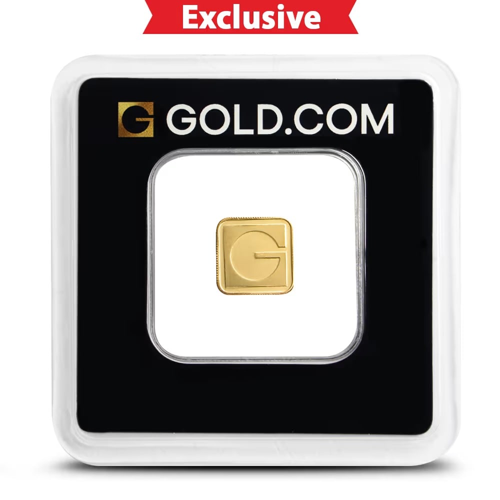 1 Gram GOLD.COM Square Gold Bar (New w/ Assay): 1 gram (.03215 troy oz) .9999 fine gold bar from GOLD.COM is a modern collectible piece, celebrating the brands debut. Each bar comes sealed in protective plastic with an assay card, verifying its wei