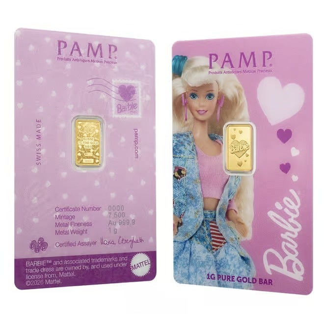 1 Gram PAMP Suisse Barbie Valentine Day Gold Bar (in Assay): The 1 Gram PAMP Suisse Barbie Valentines Day Gold Bar combines precious metal with a playful collectible theme. Struck from .9999 fine gold, it features a special Barbie-inspired design celebrating Va