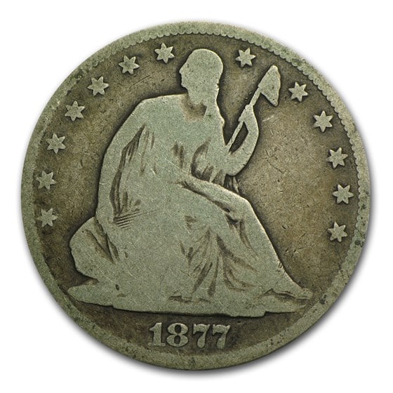 Seated Liberty Half Dollar Good 1877: The 1877 Seated Liberty Half Dollar in Good condition is a later-date issue from the series final decades. A 90% silver classic with steady collector demand.