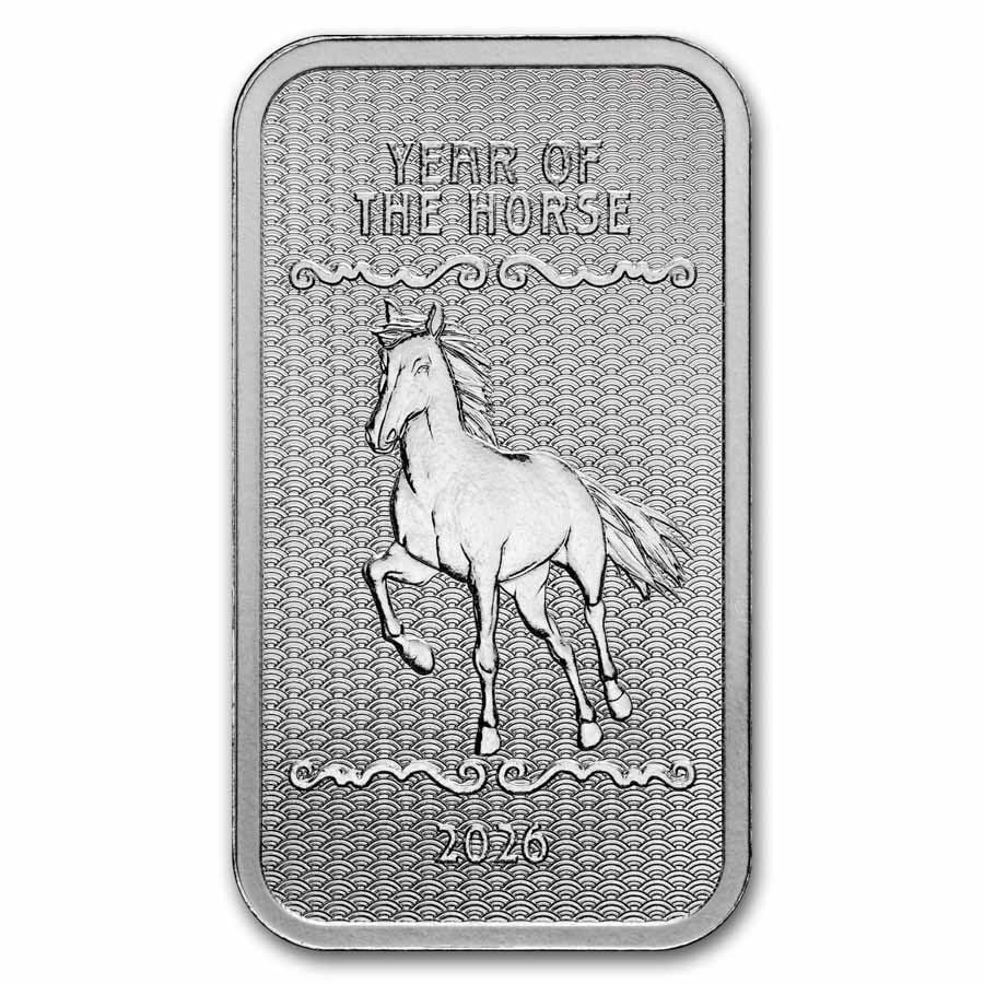 10 oz Silver Bar - 2026 Year of the Horse (Series 2): This 10 oz Silver Bar 2026 Year of the Horse (Series 2) is struck in .999 fine silver and features a detailed lunar-themed design honoring the Year of the Horse. The bar combines collectible artistry