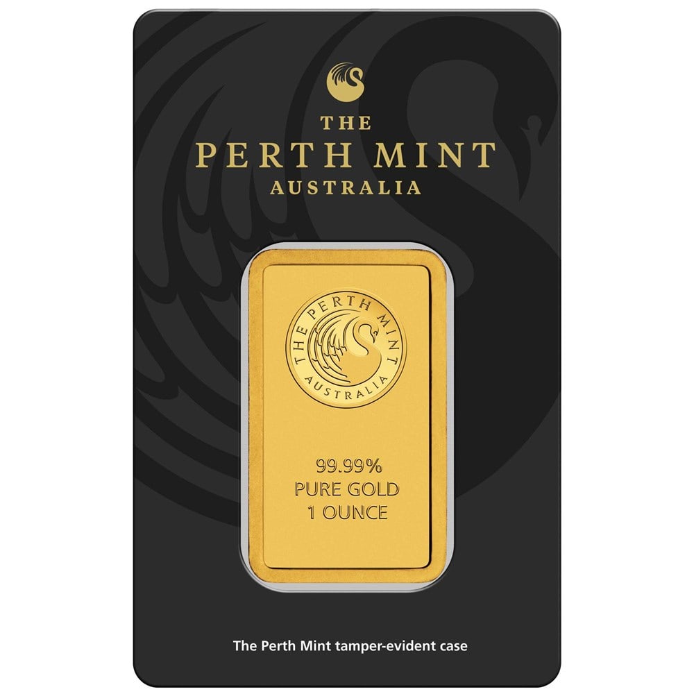 Perth Mint One Ounce Gold Bar: Struck from 1 troy ounce of .9999 fine gold, this bar is produced by the renowned Perth Mint of Australia. Featuring the iconic swan logo, it is internationally recognized for quality and purity. Idea