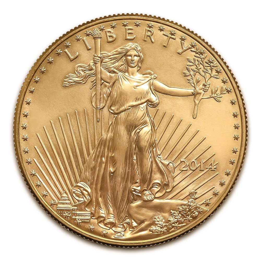 2014 American Gold Eagle 1/2 oz Uncirculated: 2014 American Gold Eagle 1/2 oz ($25 Face Value), struck by the esteemed United States Mint and backed by the U.S. government for weight and purity. Minted in durable 22-karat crown gold (.9167 fine),
