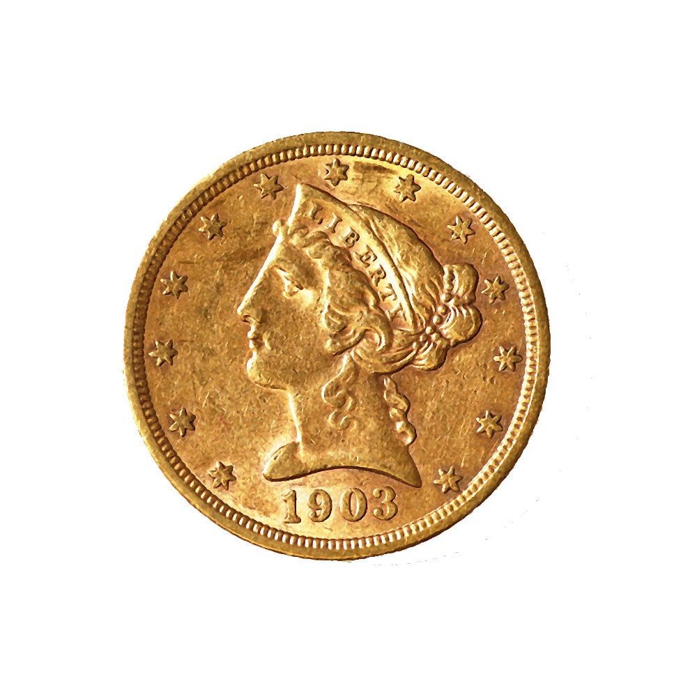 $5 Gold Liberty 1903-S AU: The $5 Gold Liberty 1903-S coin is a treasured example from the iconic Liberty Head series (1839?1908), designed by James B. Longacre. Struck at the San Francisco Mint, this AU (About Uncirculated) co