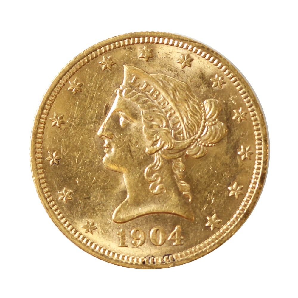 $10 Gold Liberty 1904 AU: The 1904 $10 Gold Liberty, part of the iconic Eagle series, is a distinguished piece of American numismatic history. Struck during a period of rapid economic growth and industrial expansion, this coin