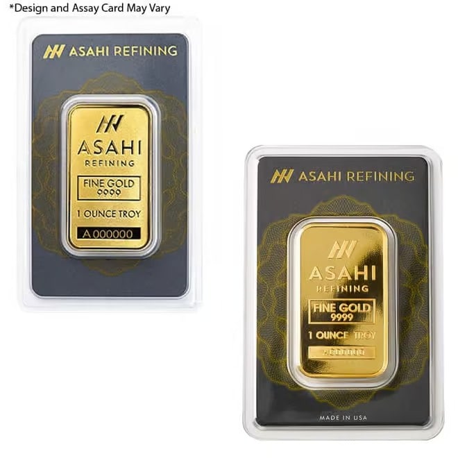 1 oz Asahi Gold Bar .9999 Fine (in Assay): The 1 oz Asahi Gold Bar is struck from .9999 fine gold by the respected Asahi Refining company. Known for high purity and excellent craftsmanship, Asahi produces trusted bullion products. Each bar com