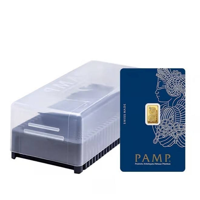 Box of 25 - 1 Gram Gold Bar PAMP Suisse Lady Fortuna Veriscan .9999 Fine (in Assay): This box of 25 PAMP Suisse Lady Fortuna Gold Bars contains individually sealed 1 gram bars of .9999 fine gold. Each bar features the iconic Lady Fortuna design and Veriscan authentication technology.