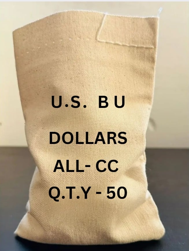 QTY 50 All CC Sealed Bag BU: An original Brilliant Uncirculated (BU) sealed bag containing 50 Carson City Mint Morgan Silver Dollars, each struck in 90% silver and featuring the legendary "CC" mint mark. These historic coins rema
