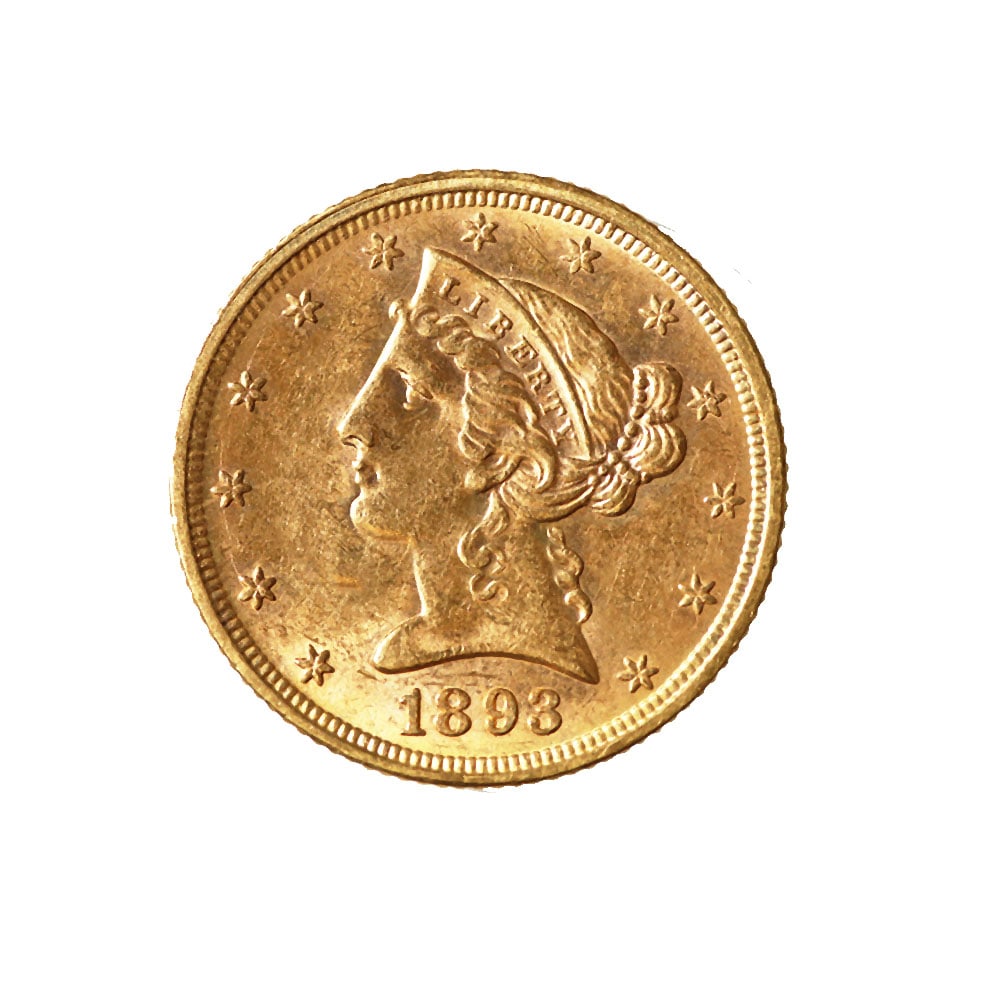 $5 Gold Liberty 1893 AU: The 1893 $5 Gold Liberty, also known as the Liberty Head half eagle, is a distinguished piece of American numismatic history. Minted during a period of economic expansion and industrialization, this c