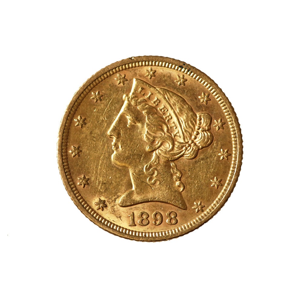 $5 Gold Liberty 1898 AU: The 1898 $5 Gold Liberty coin is a distinguished example from the celebrated Liberty Head series (1839-1908), representing a pivotal era in American history. This coin is in Brilliant Uncirculated (BU