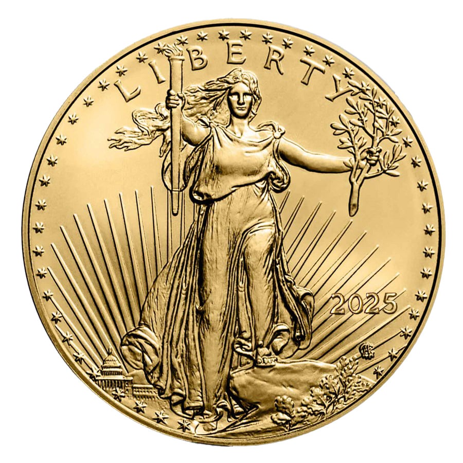 2025 American Gold Eagle 1/2 oz Uncirculated: 2025 American Gold Eagle 1/2 oz ($25 Face Value), struck by the esteemed United States Mint and backed by the U.S. government for weight and purity. Minted in durable 22-karat crown gold (.9167 fine),
