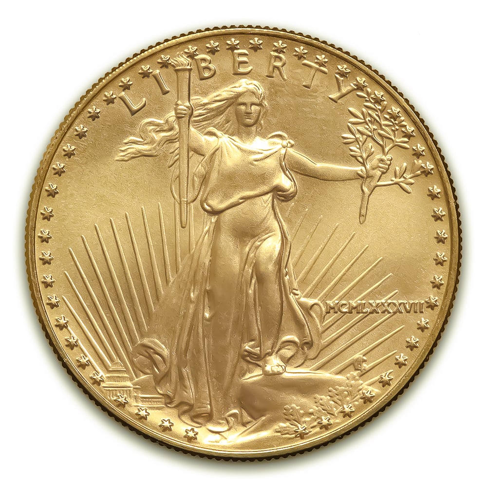 1987 American Gold Eagle 1/2 oz Uncirculated: 1987 American Gold Eagle 1/2 oz ($25 Face Value), struck by the esteemed United States Mint and backed by the U.S. government for weight and purity. Minted in durable 22-karat crown gold (.9167 fine),