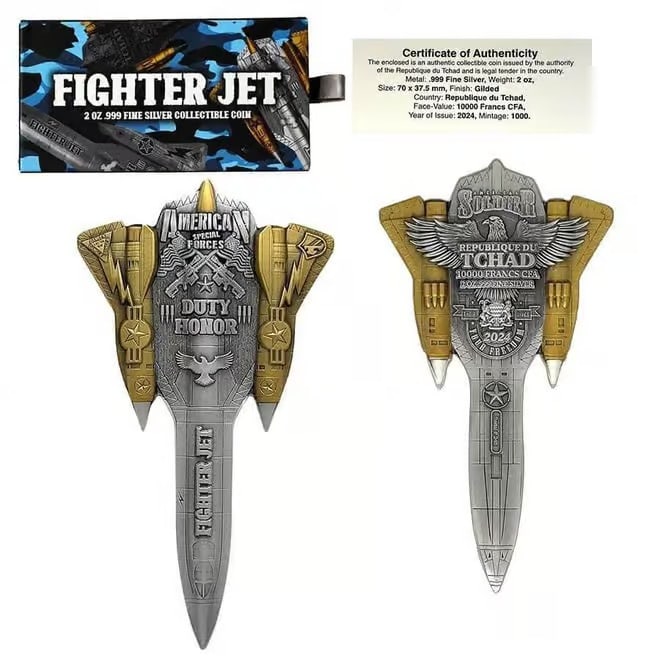 2024 Chad 2 oz Silver Fighter Jet Gilded Shaped Coin .999 Fine: 2024 Chad 2 oz Silver Fighter Jet Gilded Shaped Coin 2 oz .999 fine silver High Relief, shaped coin with partial gilding from the Bullion Exchanges Weapons of War Series featuring a detailed fighter j