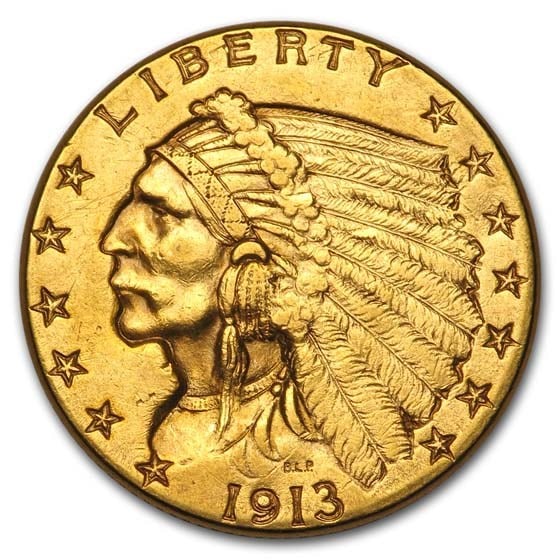 US $2.5 Indian Gold Coins Almost Uncirculated 1913: The 1913 $2.5 Indian Gold Coin, graded Almost Uncirculated (AU), is a stunning and highly sought-after piece of American numismatic history. As part of the quarter eagle series introduced in 1908, thi