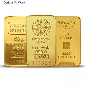 50 Gram Generic Gold Bar .999+ Fine (Secondary Market): This 50 Gram Gold Bar is produced by a random recognized refinery and contains .999+ fine gold. Secondary market bars may show light wear but remain fully valued for gold content. Brands and designs w