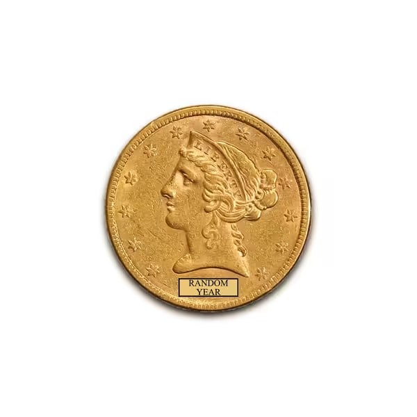 Early Gold Bullion $5 Liberty Almost Uncirculated: $5 Liberty Head Gold Half Eagle (1839 1908) by Christian Gobrecht, featuring the classic coronet Liberty obverse and heraldic eagle reverse an iconic issue of 19th-century U.S. gold coinage.