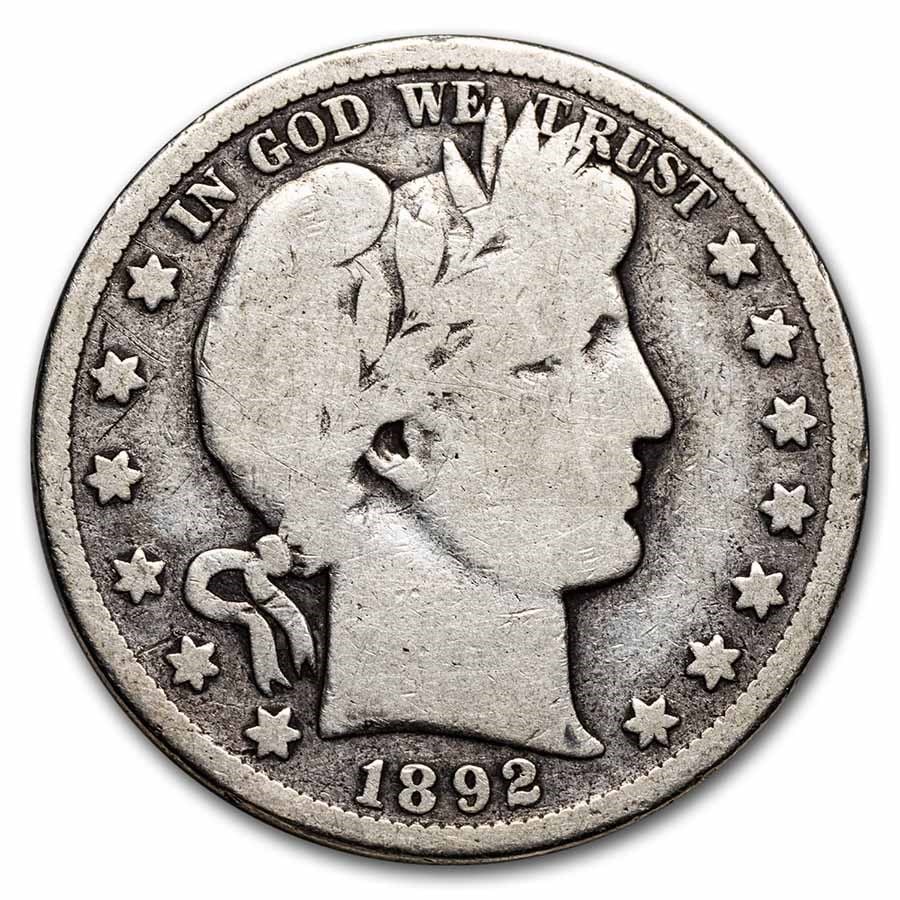 Barber Half Dollar Good Condition 1892-S: The 1892-S Barber Half Dollar in Good condition remains a key first-year issue from San Francisco. Its 90% silver content and low mintage make it highly collectible