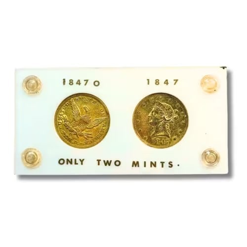 1847 & 1847-O Liberty Head $10 Gold Eagle Coin Set XF Details: This matched pair of Liberty Head Eagle 1847 and 1847-O Eagles represents a historic Philadelphia and New Orleans Mint set from the same year. In XF Details condition, both .900 fine gold coins retain