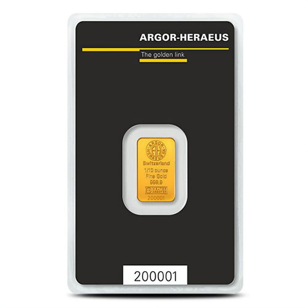 1/10 oz Argor Heraeus Gold Bar (New w/ Assay): The Argor-Heraeus 1/10 oz Gold Bar is struck from .9999 fine gold and delivered new in tamper-evident assay packaging for guaranteed authenticity and global recognition. Precision-minted in Switzerlan