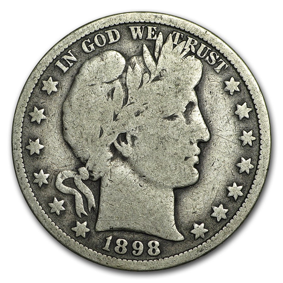 Barber Half Dollar Very Good 1898-O: The 1898-O Barber Half Dollar in Very Good condition displays clear major details from the New Orleans Mint. Struck in 90% silver, it offers historic Southern mint appeal