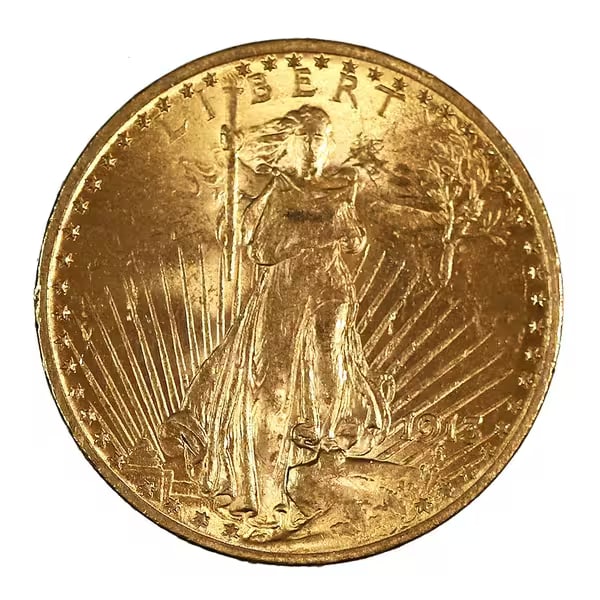 $20 Gold Saint Gaudens 1913 AU: The Saint-Gaudens Double Eagle 1913 in Almost Uncirculated condition displays strong remaining mint luster with light wear on the high points and sharp overall detail. Struck in .900 fine gold, this c