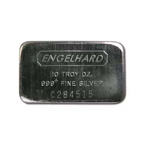 Engelhard Silver Bar 10 oz Bar - Wide Struck Logo Back: This 10 oz Engelhard Silver Bar Wide Struck Logo Back is composed of .999 fine silver and features the wide struck Engelhard logo on the reverse. A distinctive 10 troy ounce bar recognized for its ref