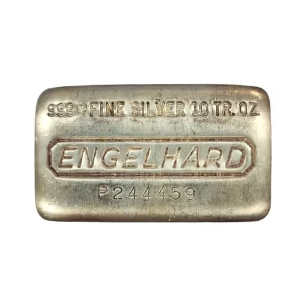 Engelhard Silver Bar 10 oz Bar - Loaf: This 10 oz Engelhard Silver Bar Loaf Style is composed of .999 fine silver and features the classic poured loaf shape with stamped hallmark and weight markings. A vintage-style 10 troy ounce silver ba